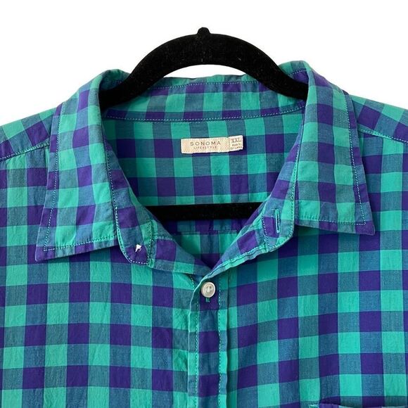Sonoma Lifestyle aqua and purple gingham 100% cotton long sleeve XXL - Picture 2 of 10